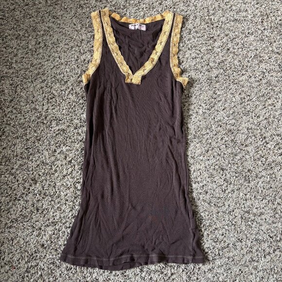 Michael Stars Womens Brown Sleeveless Top W/ Yellow Lace Trim One Size - Picture 1 of 5